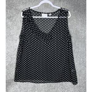 Avenue Sheer Sleeveless Polka Dot Tank Top Womens Size 18/20 Black Pleated Vneck